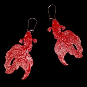 Red Beta Fish Earrings Delicate Cutout Metal Fancy Goldfish Flowy Floral Fins